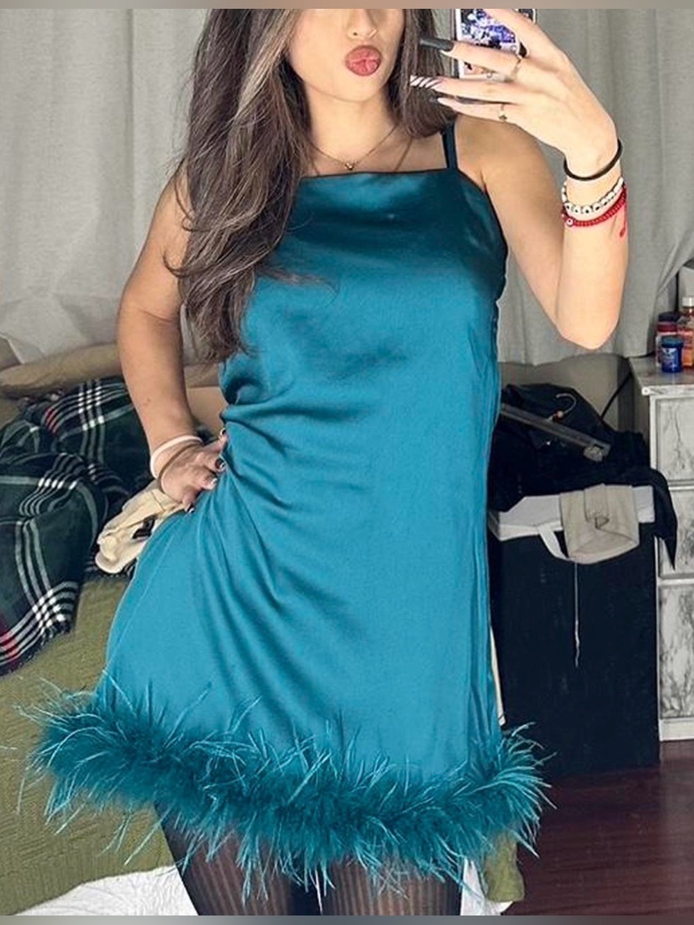 EVOLUTIONARY APPAREL Teal Satin Feather Trim Slip Dress size extra large